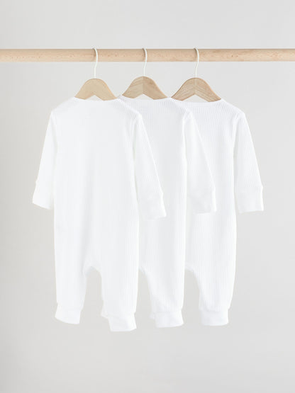 White 100% Cotton Two Way Zip Baby Footless Sleepsuits 3 Pack (0mths-2yrs) image 3