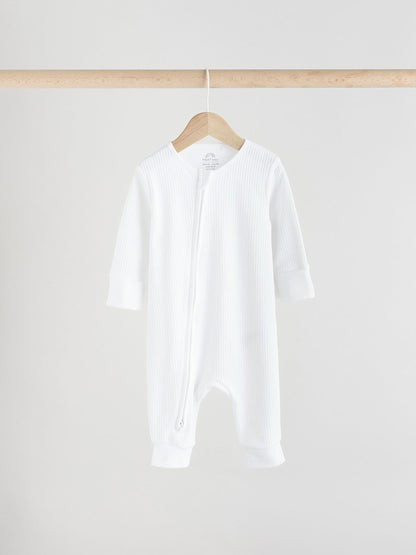 White 100% Cotton Two Way Zip Baby Footless Sleepsuits 3 Pack (0mths-2yrs) image 4