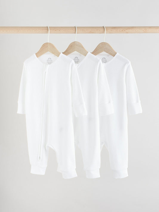 White 100% Cotton Two Way Zip Baby Footless Sleepsuits 3 Pack (0mths-2yrs) image 1