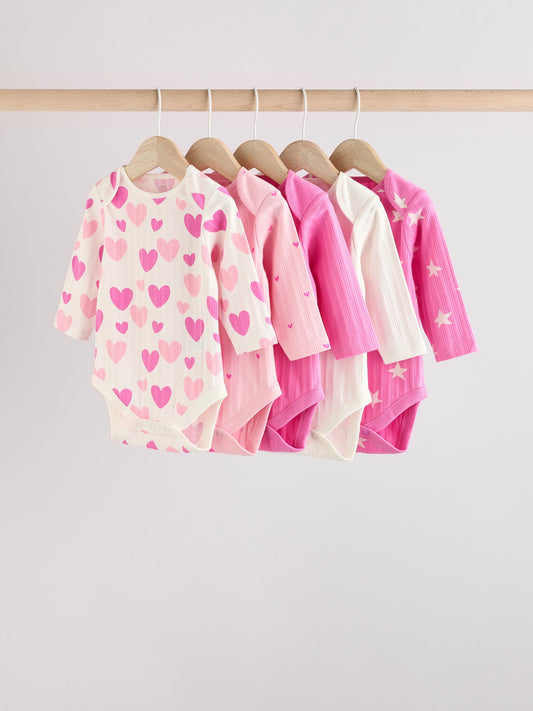Pink Star 5 Pack Long Sleeve Baby Bodysuits image 1