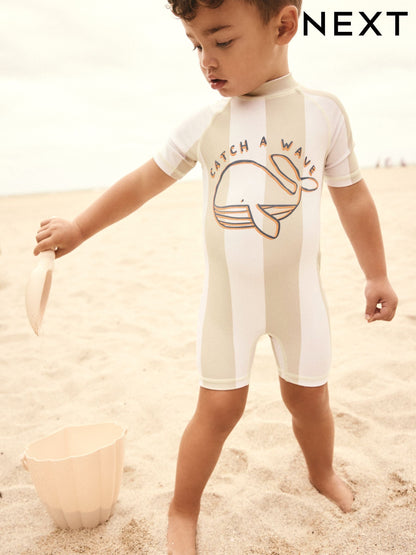 Neutral White Stripe Sunsafe All-In-One Swimsuit (3mths-7yrs)