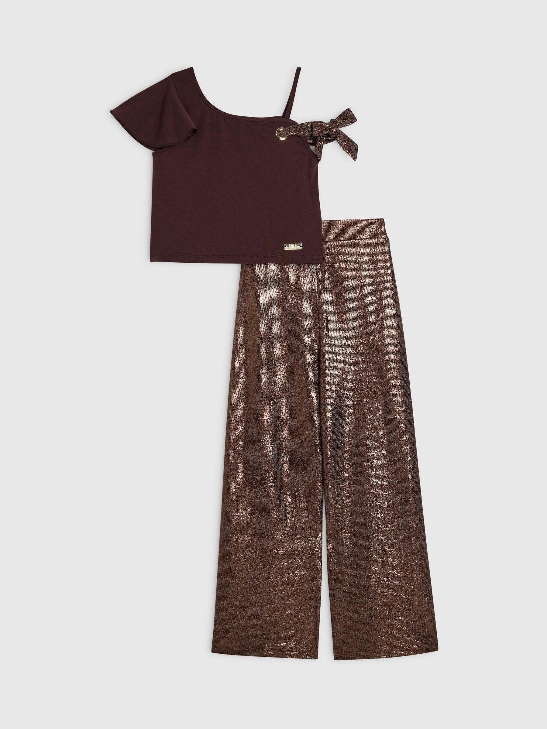 Dsiney Kidz - River Island Brown Metallic Asymmetric Top &  Trouser Set image 1
