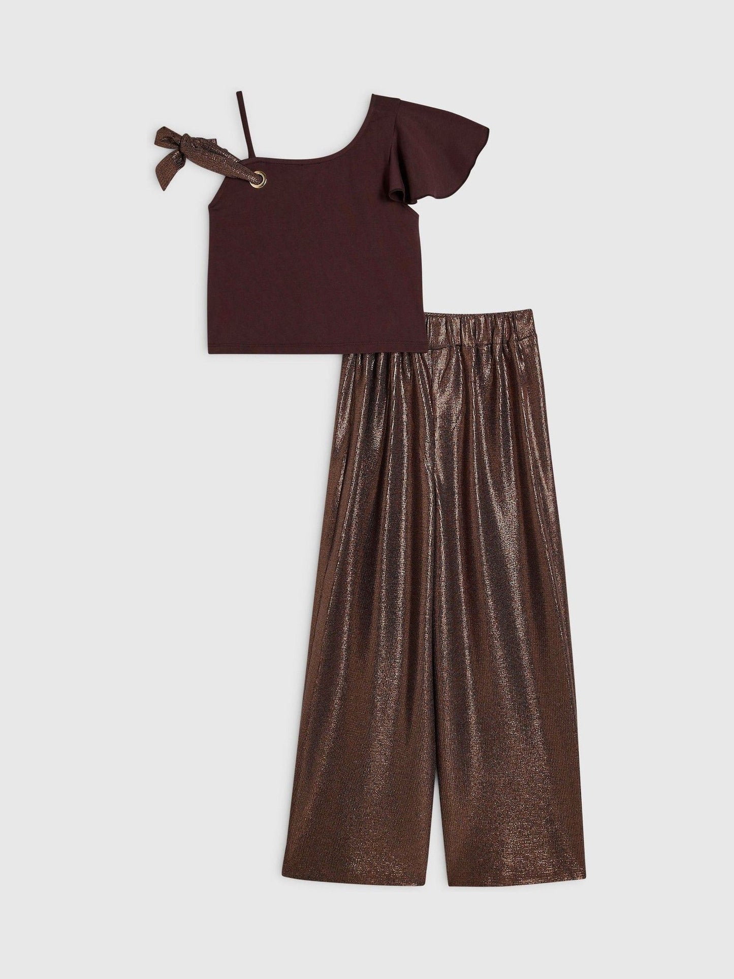 Dsiney Kidz - River Island Brown Metallic Asymmetric Top &  Trouser Set image 2