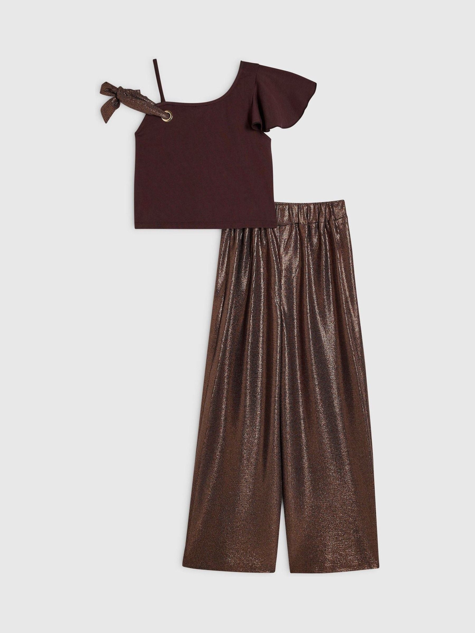 Dsiney Kidz - River Island Brown Metallic Asymmetric Top &  Trouser Set image 2