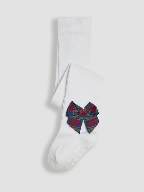 JoJo Maman Bébé White Tartan Cotton Rich Tights With Bows image 1