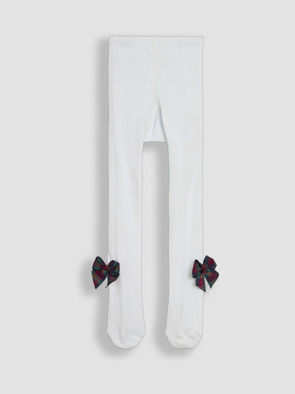 JoJo Maman Bébé White Tartan Cotton Rich Tights With Bows image 2