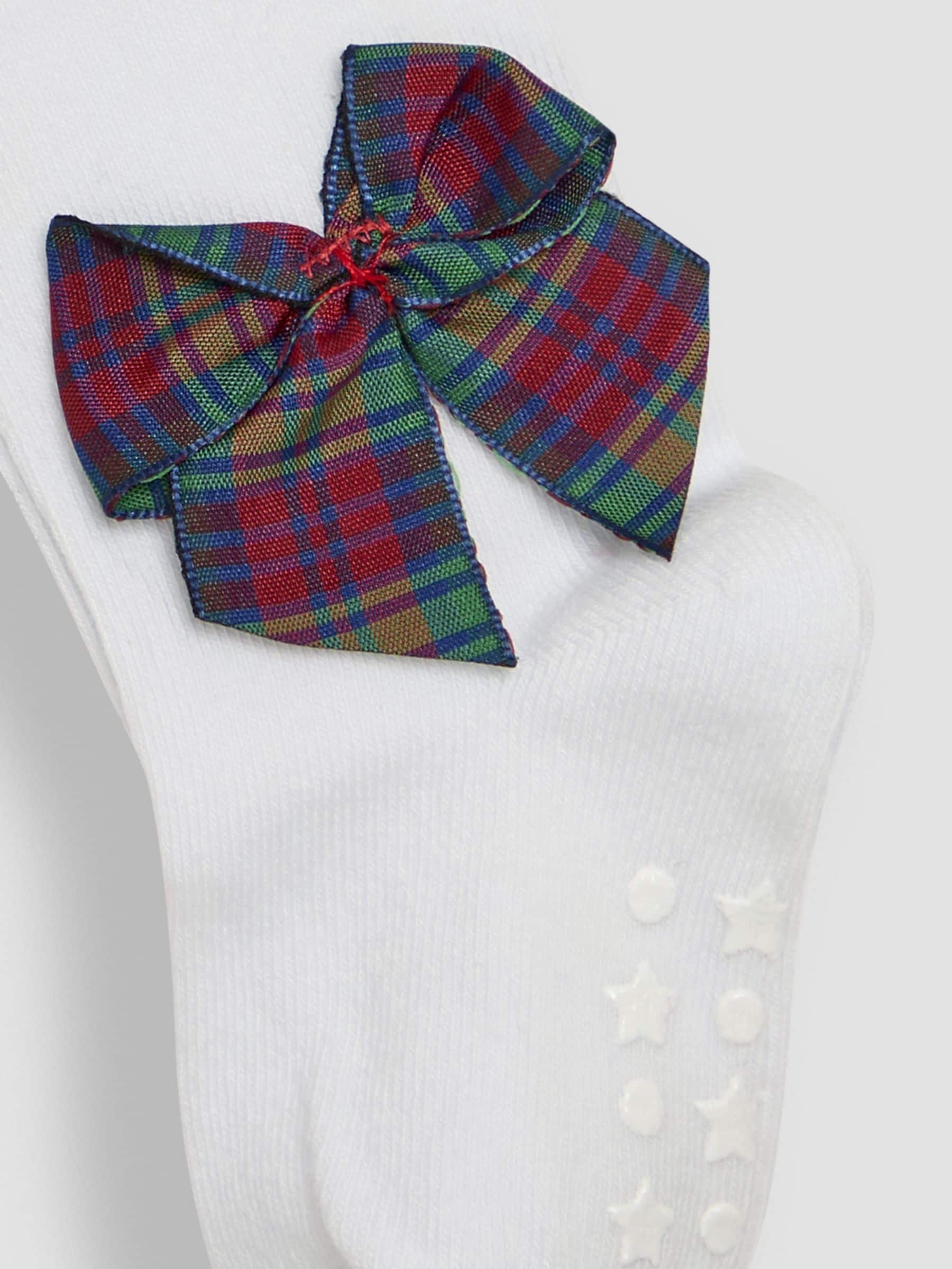 JoJo Maman Bébé White Tartan Cotton Rich Tights With Bows image 3