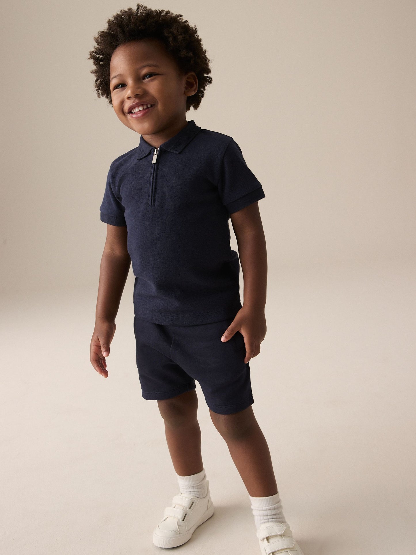 Navy Textured Short Sleeve Polo Shirt And Shorts Set (3mths-7yrs) image 1