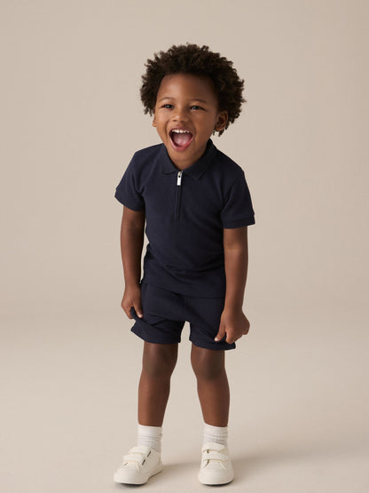 Navy Textured Short Sleeve Polo Shirt And Shorts Set (3mths-7yrs) image 2