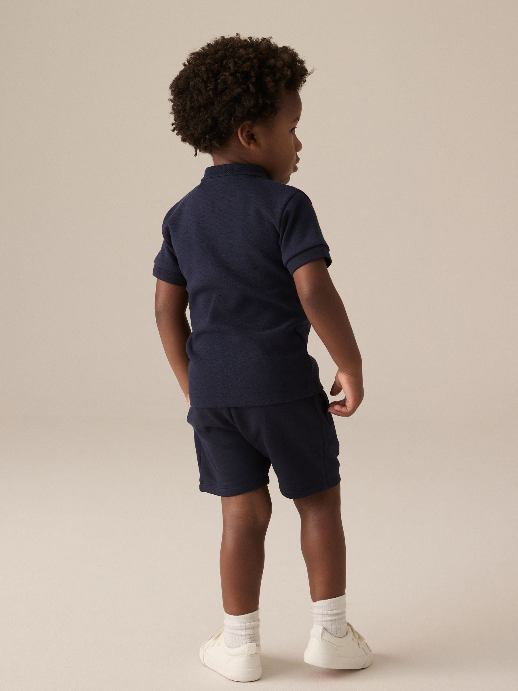 Navy Textured Short Sleeve Polo Shirt And Shorts Set (3mths-7yrs) image 3