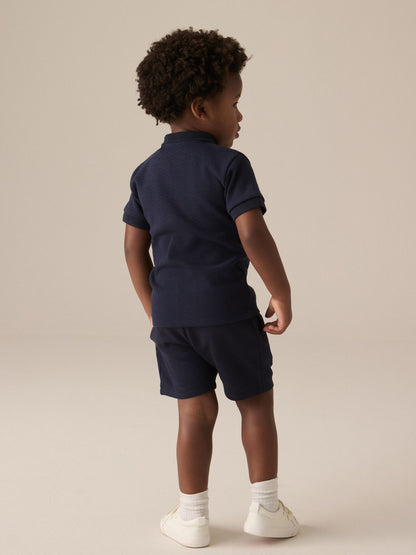 Navy Textured Short Sleeve Polo Shirt And Shorts Set (3mths-7yrs) image 3