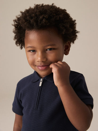 Navy Textured Short Sleeve Polo Shirt And Shorts Set (3mths-7yrs) image 4