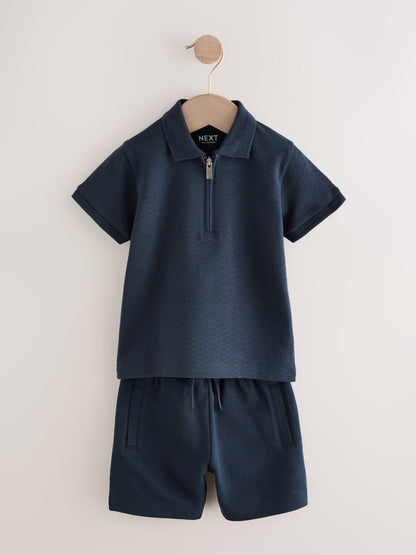 Navy Textured Short Sleeve Polo Shirt And Shorts Set (3mths-7yrs) image 5