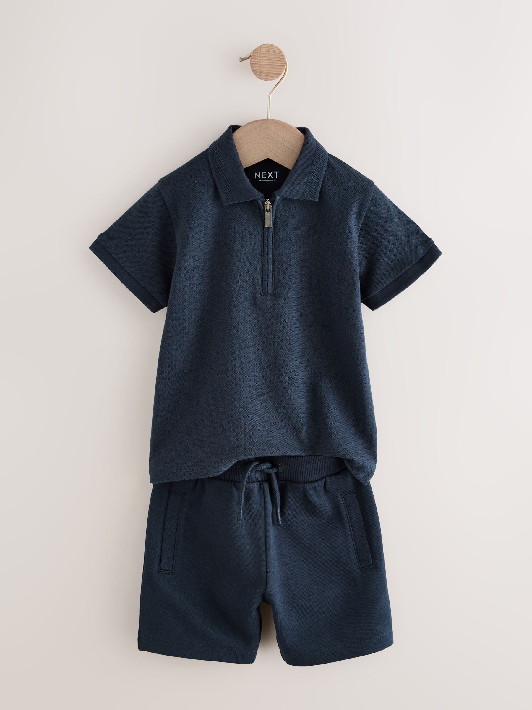 Navy Textured Short Sleeve Polo Shirt And Shorts Set (3mths-7yrs) image 6