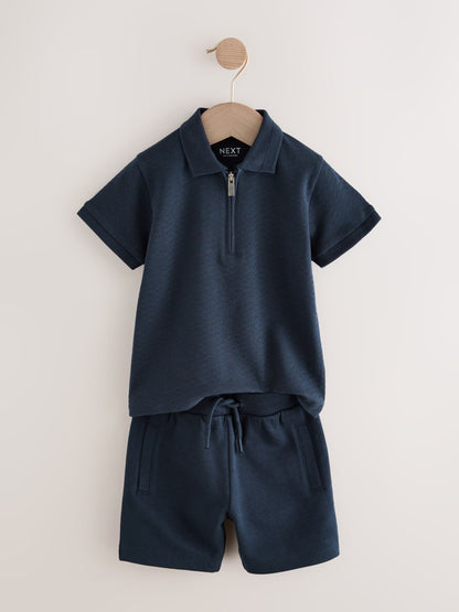 Navy Textured Short Sleeve Polo Shirt And Shorts Set (3mths-7yrs) image 6