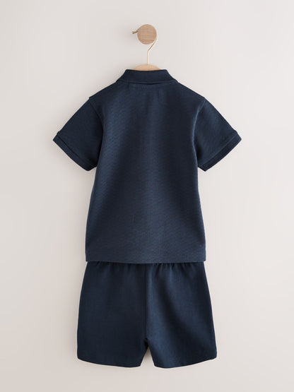 Navy Textured Short Sleeve Polo Shirt And Shorts Set (3mths-7yrs) image 7