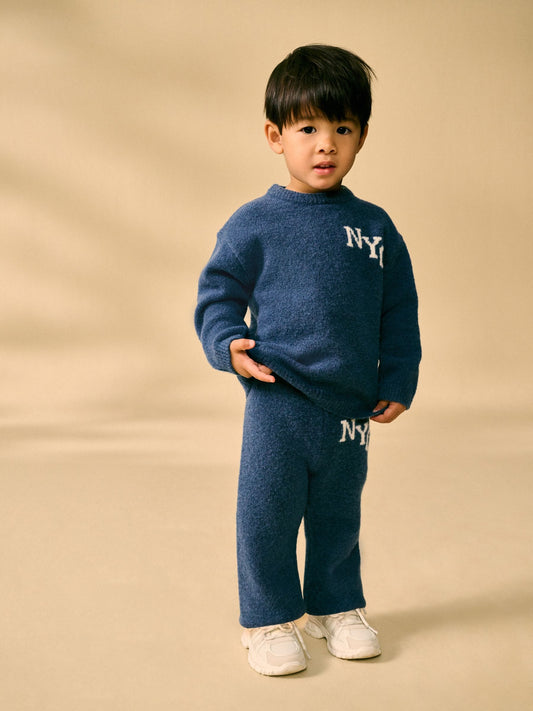 Navy Blue Knitted NYC Varsity Jumper and Joggers Set (3mths-7yrs) image 1