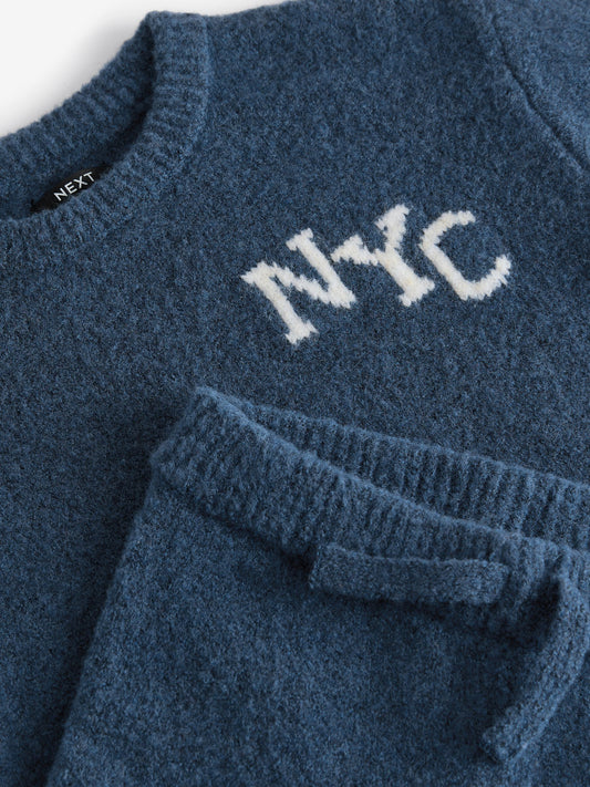 Navy Blue Knitted NYC Varsity Jumper and Joggers Set (3mths-7yrs) image 3