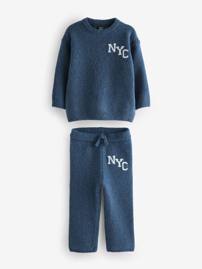 Navy Blue Knitted Crew Neck Jumper and Joggers Set (3mths-7yrs) image 8