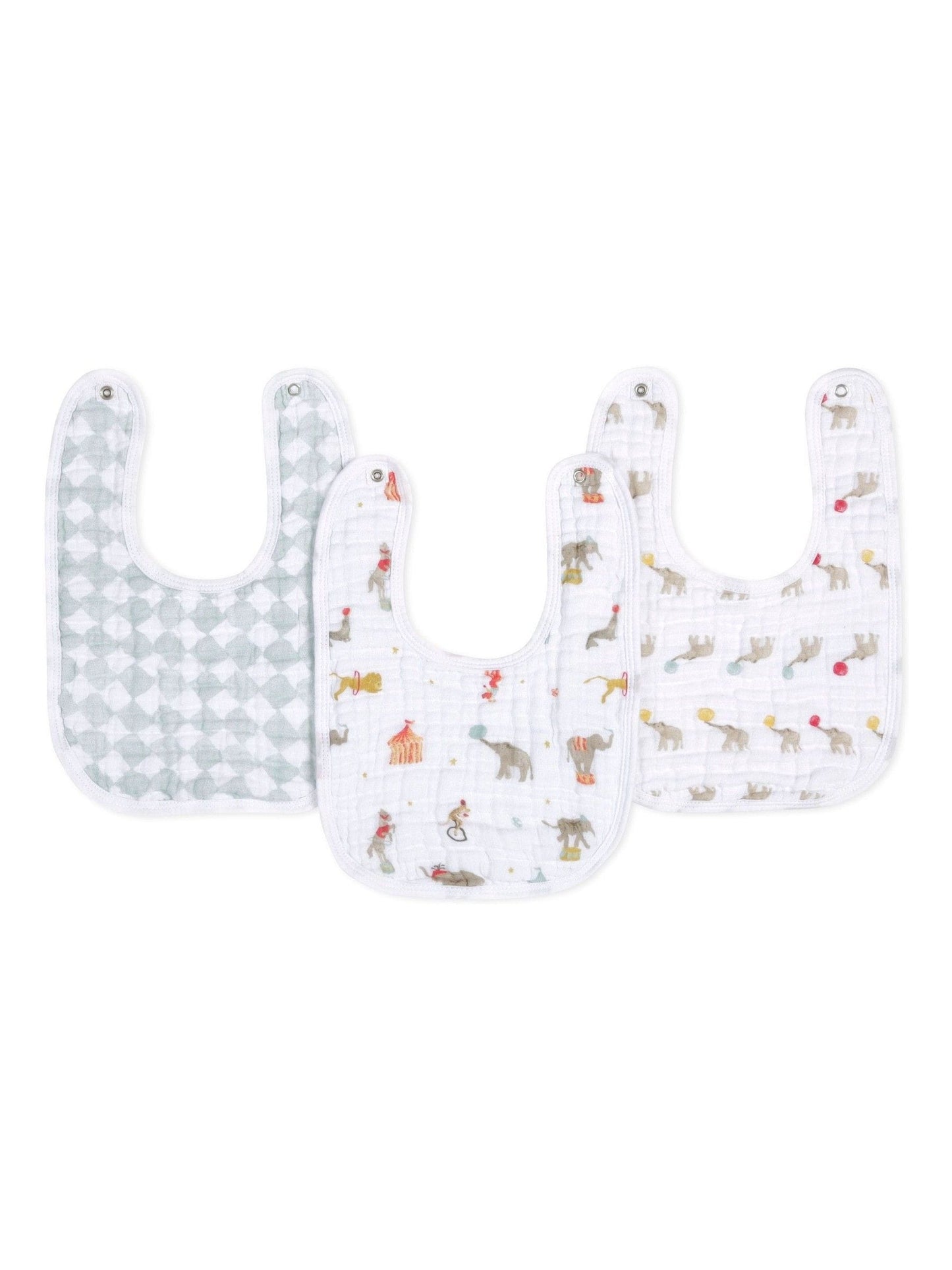 aden + anais White Essentials 100% Cotton Muslin Baby Snap Elephant Circus Bibs 3 Pack image 1