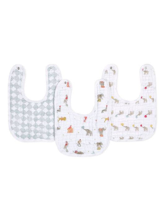 aden + anais White Essentials 100% Cotton Muslin Baby Snap Elephant Circus Bibs 3 Pack image 1