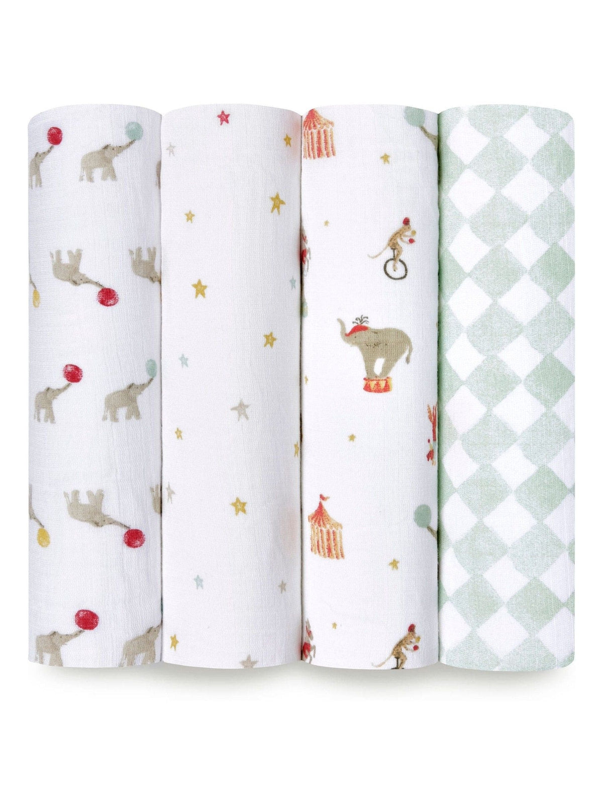 aden + anais White Essentials 100% Cotton Muslin Blanket Elephant Circus Muslins 4 Pack image 1