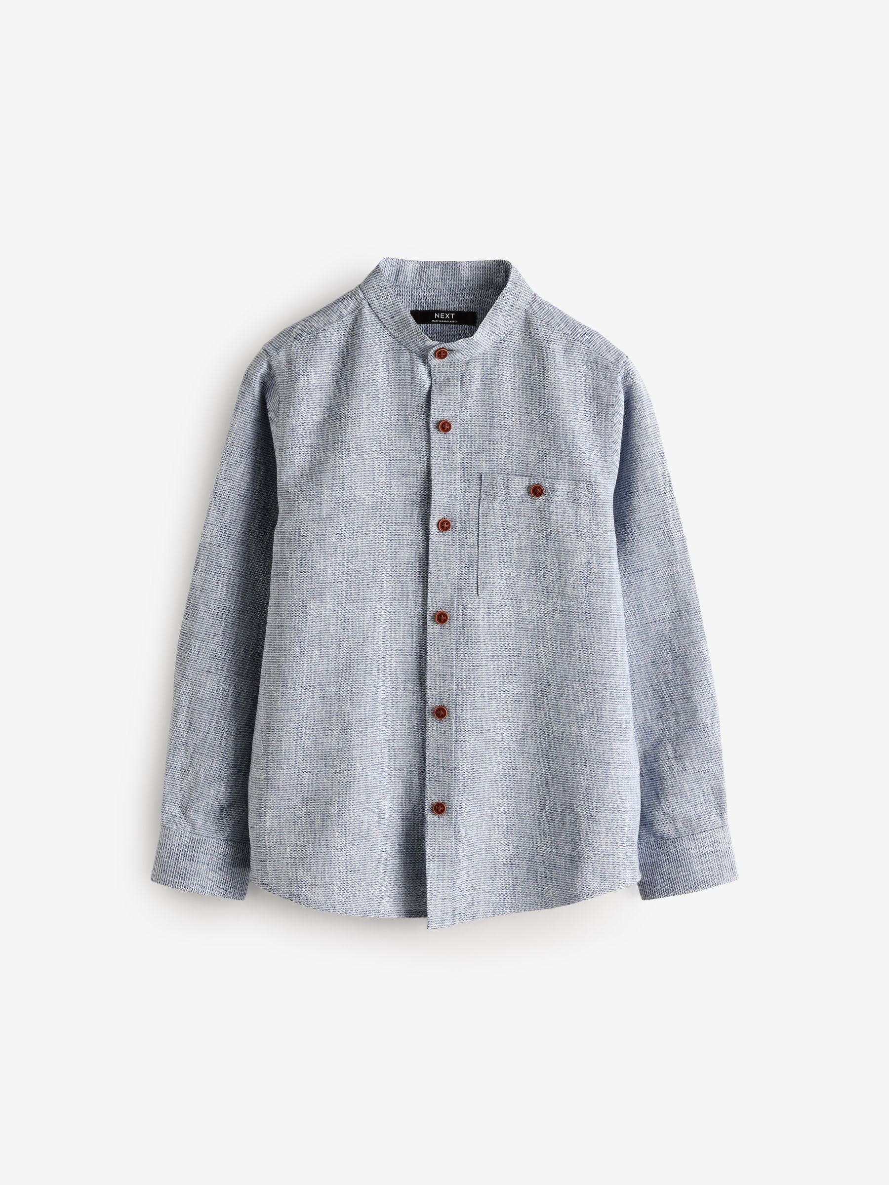 Dsiney Kidz - Blue Long Sleeve Grandad Collar Cotton/Linen Mix Texture Shirt (3-16yrs) image 1