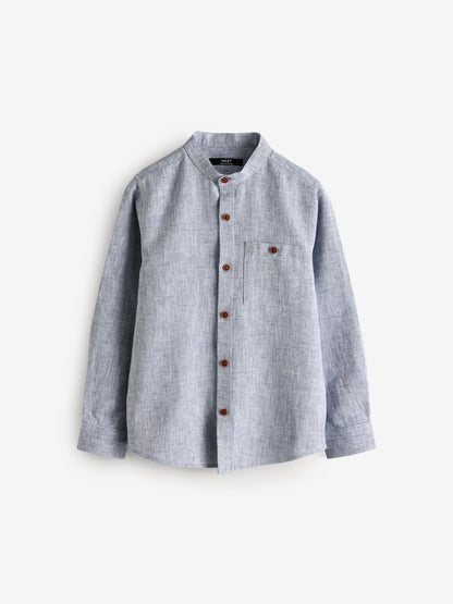 Dsiney Kidz - Blue Long Sleeve Grandad Collar Cotton/Linen Mix Texture Shirt (3-16yrs) image 1