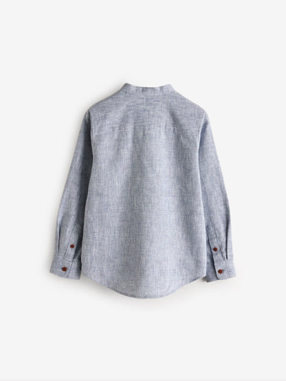 Dsiney Kidz - Blue Long Sleeve Grandad Collar Cotton/Linen Mix Texture Shirt (3-16yrs) image 2