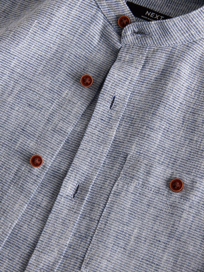 Dsiney Kidz - Blue Long Sleeve Grandad Collar Cotton/Linen Mix Texture Shirt (3-16yrs) image 3