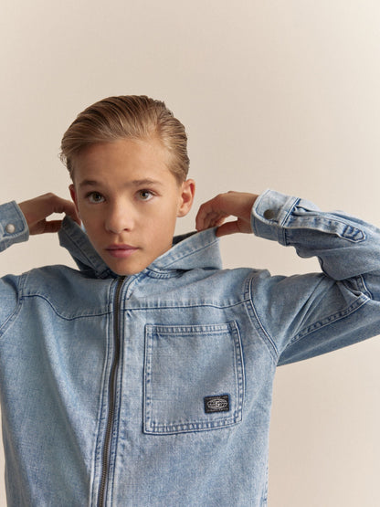Denim Lightwash Overshirt 100% Cotton Zip Through Hoodie (3-16yrs)