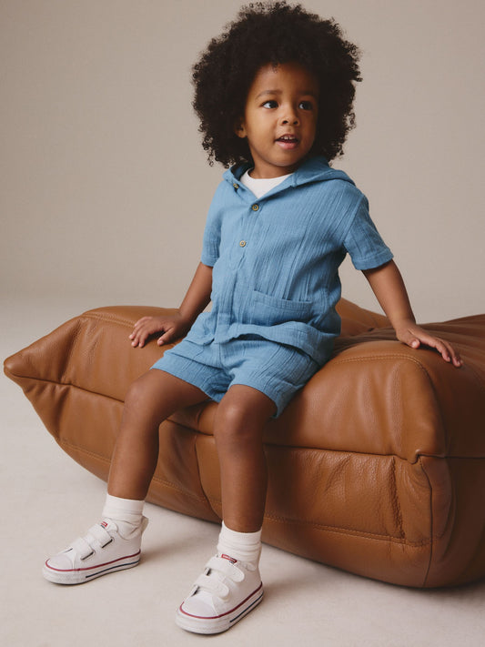 Blue 100% Cotton Short Sleeve Texture Hooded Shirt and Shorts Set (3mths-7yrs) image 1
