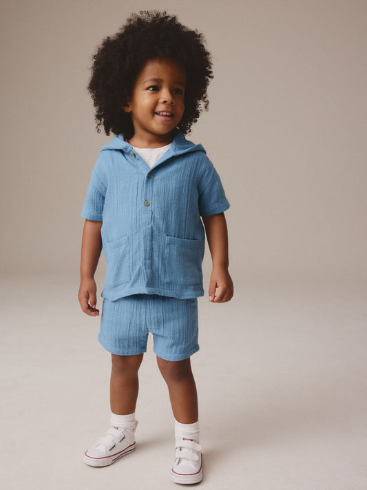 Blue 100% Cotton Short Sleeve Texture Hooded Shirt and Shorts Set (3mths-7yrs) image 3