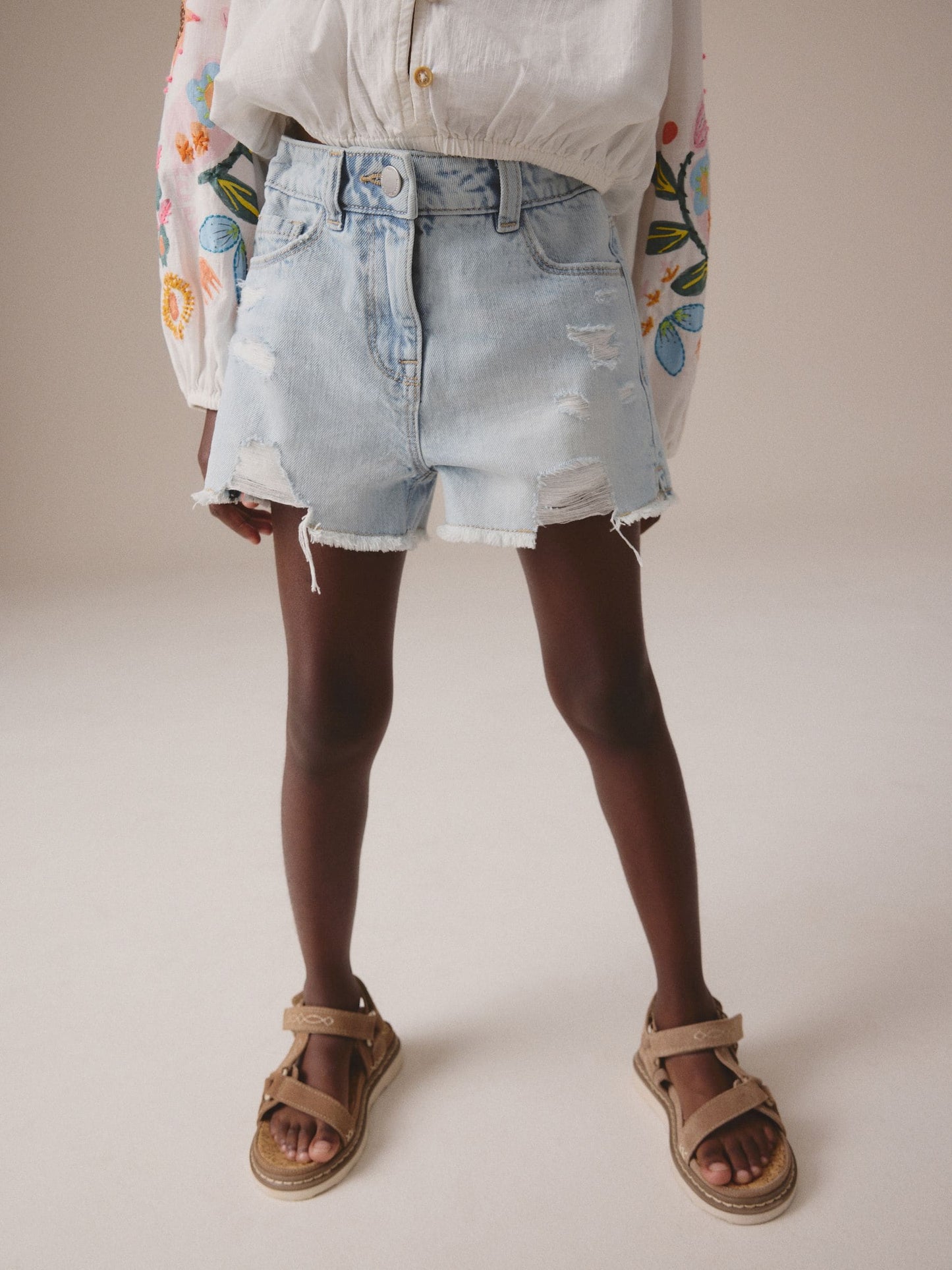 Dsiney Kidz - Light Blue 100% Cotton Frayed Edge Distressed Shorts (3-16yrs) image 2