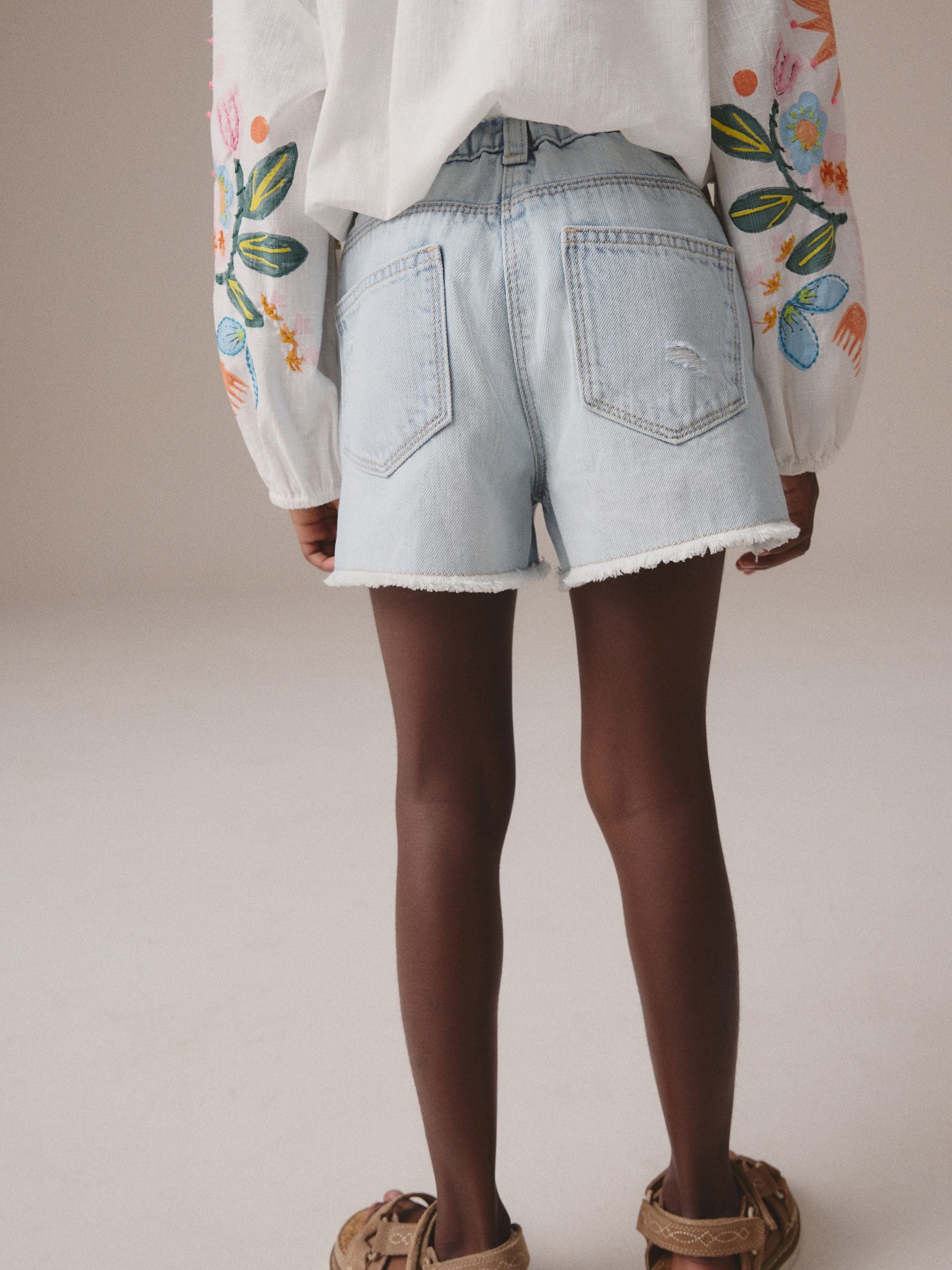 Dsiney Kidz - Light Blue 100% Cotton Frayed Edge Distressed Shorts (3-16yrs) image 3