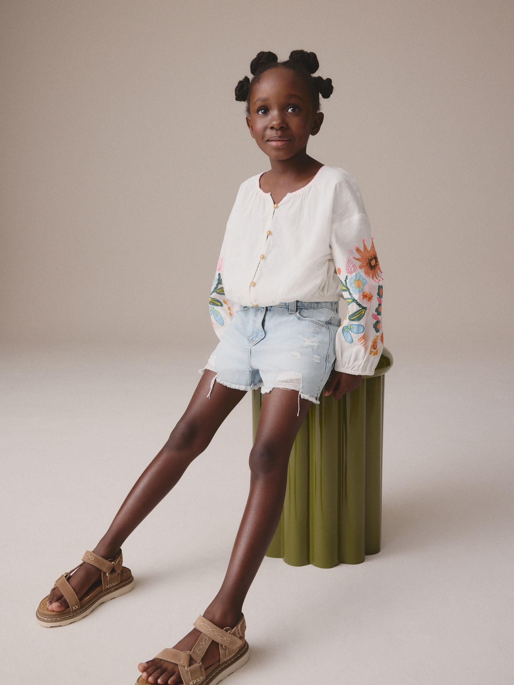 Dsiney Kidz - Light Blue 100% Cotton Frayed Edge Distressed Shorts (3-16yrs) image 4