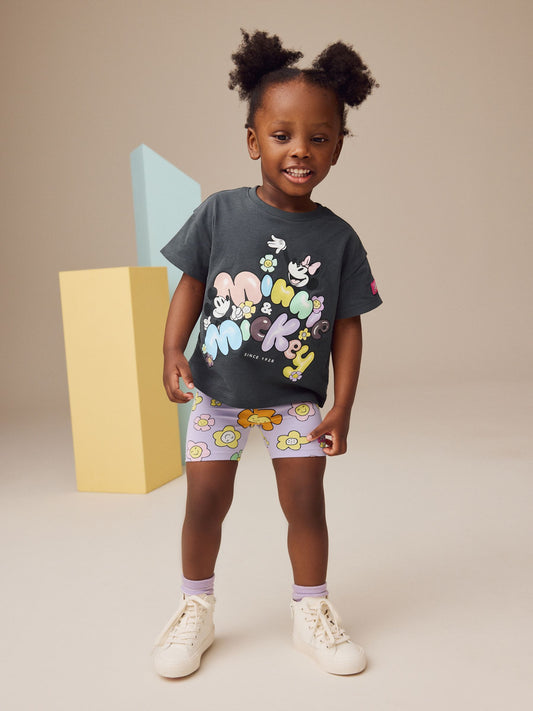 Charcoal & Lilac Mickey & Minnie Mouse Short Sleeve 100% Cotton T-Shirt and Cycle Shorts Set (3mths-7yrs) image 1