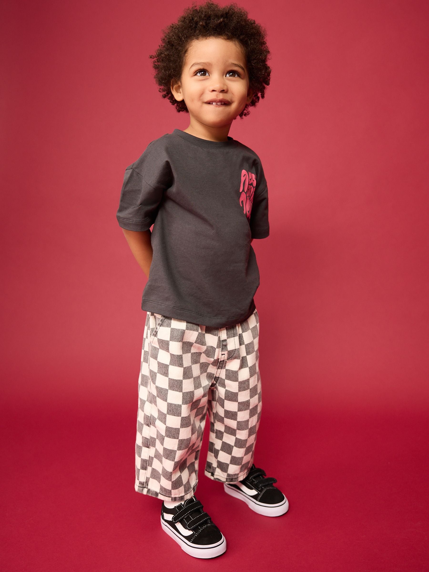 Black/White Checkerboard Pull On Wide Trousers (3mths-7yrs) image 2