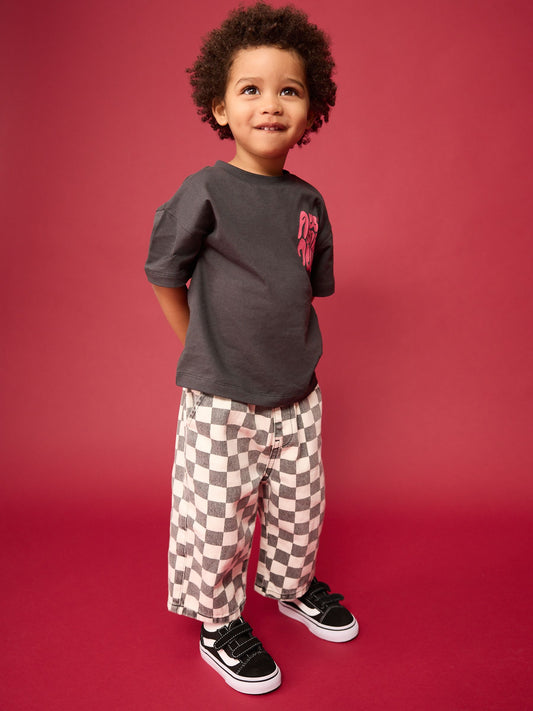 Black/White Checkerboard Pull On Wide Trousers (3mths-7yrs) image 2