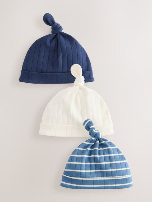 Blue Tie Top 100% Cotton Hats 3 Pack (0-12mths) image 1