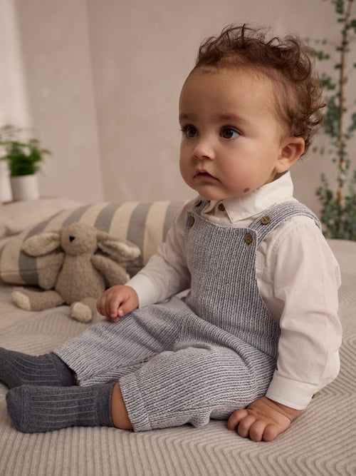 Grey/White Woven Cotton Baby Dungaree and Bodysuit Set (0mths-3yrs) image 1