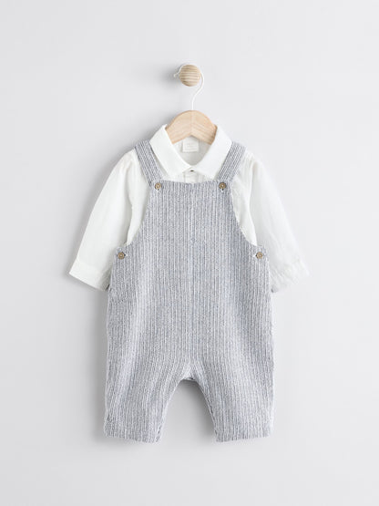 Grey/White Woven 100% Cotton Baby Dungaree and Bodysuit Set (0mths-3yrs)