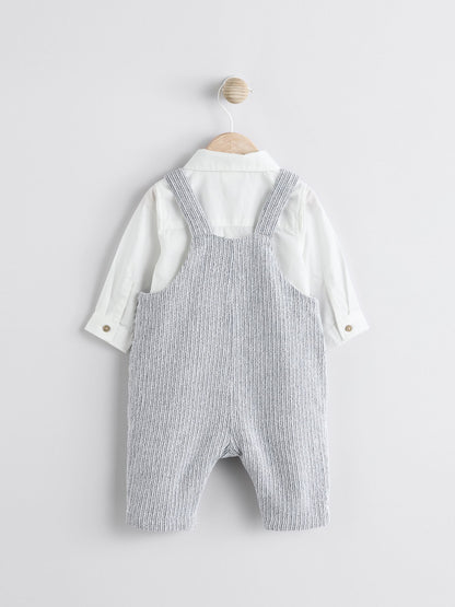 Grey/White Woven 100% Cotton Baby Dungaree and Bodysuit Set (0mths-3yrs)