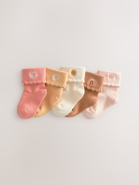 Tan Brown Embroidered Baby Roll Top Socks 5 Pack (0mths-2yrs) image 1