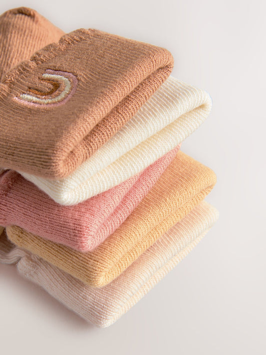 Tan Brown Embroidered Baby Roll Top Socks 5 Pack (0mths-2yrs) image 3