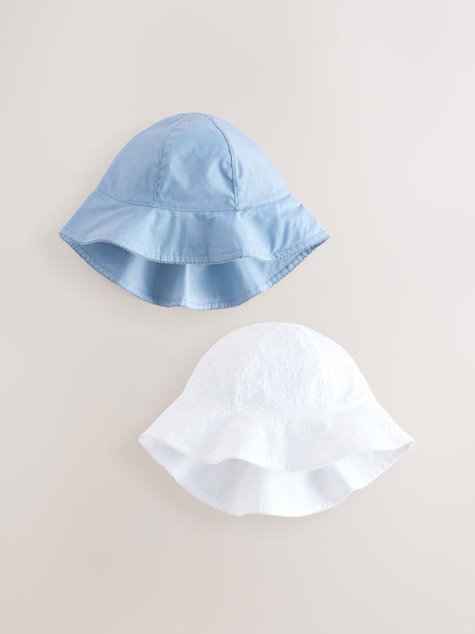 Blue/White Broderie And Chambray 100% Cotton Baby Hats 2 Pack (0mths-2yrs) image 1