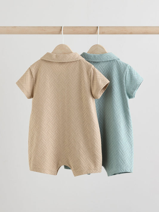 Blue/Neutral Textured Baby Rompers 2 Pack image 3