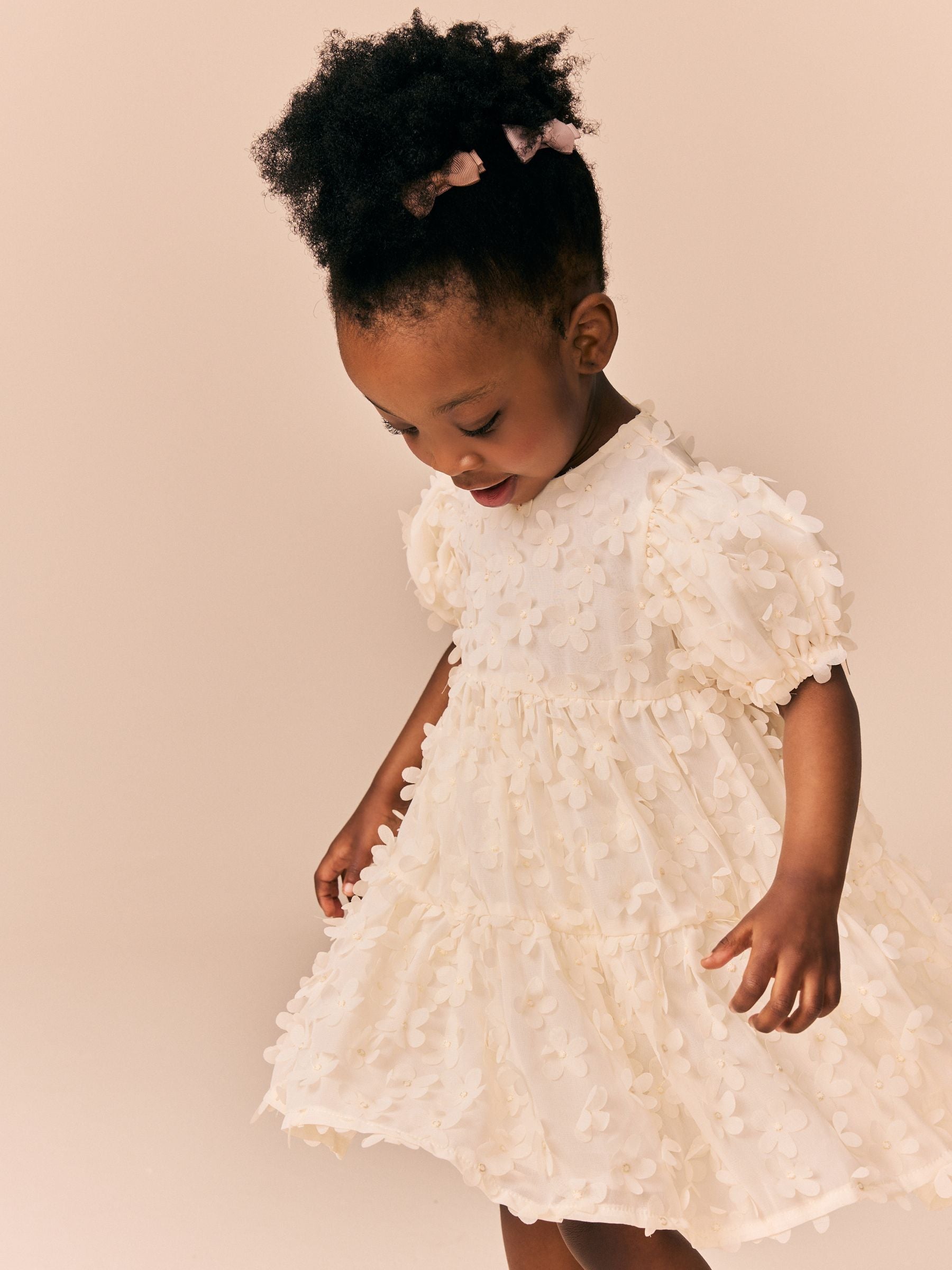 Ecru White Short Sleeve 3D Flowers Dress (3mths-8yrs) image 3