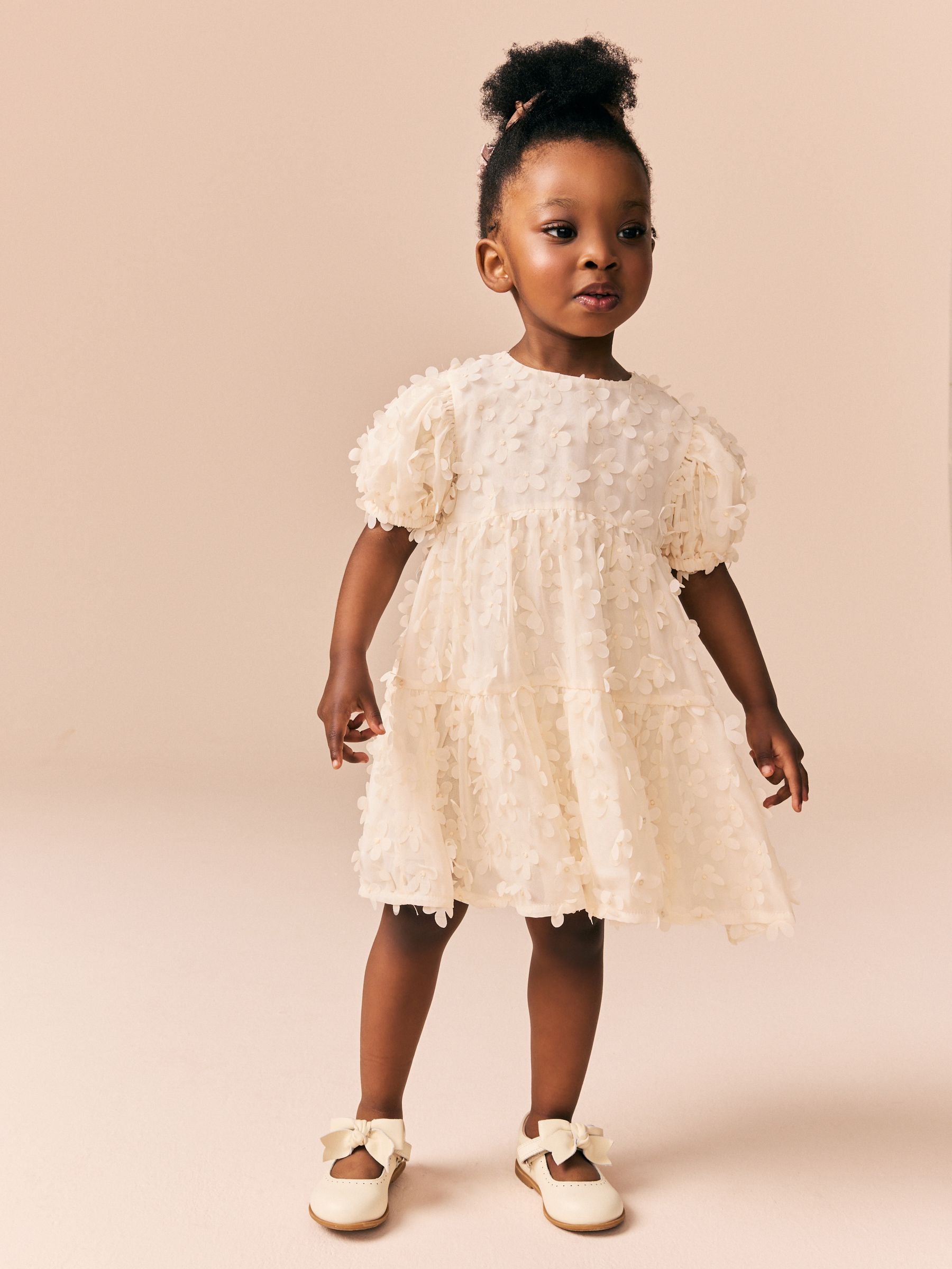 Ecru White Short Sleeve 3D Flowers Dress (3mths-8yrs) image 4