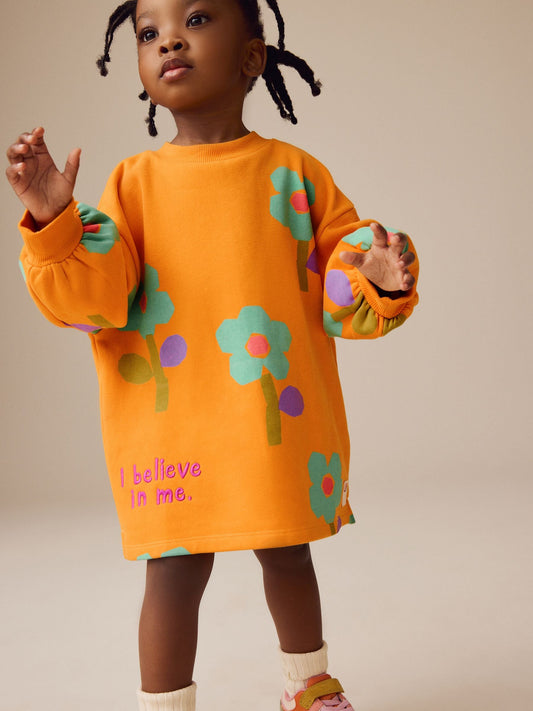 Orange Floral Long Sleeve Sweat Dress (3mths-7yrs)